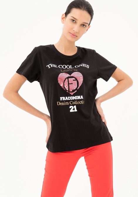 T-SHIRT WITH MULTICOLOR PRINT BLACK FRACOMINA