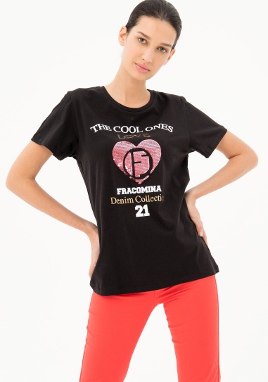 T-SHIRT WITH MULTICOLOR PRINT BLACK FRACOMINA