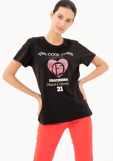 T-SHIRT WITH MULTICOLOR PRINT BLACK FRACOMINA