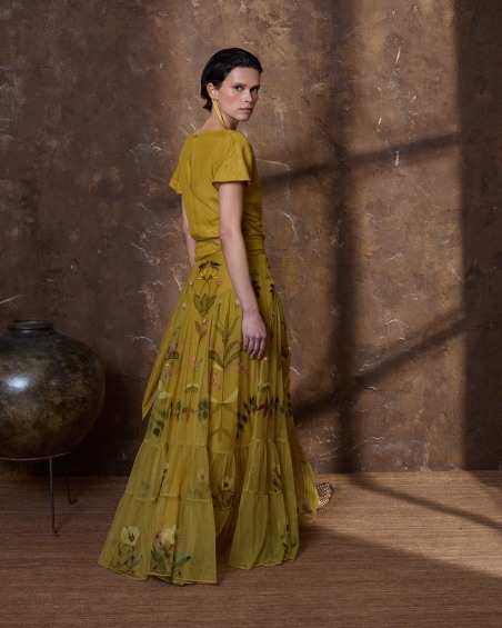 Falda de tul bordada mostaza 6482-648  ( PREVENTA)