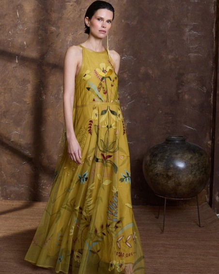 Vestido de tul bordado mostaza 6481-648