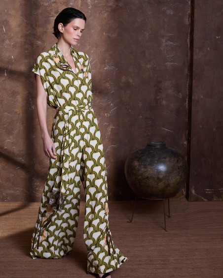 Pantalón palazzo verde estampado y bordado 4273-320 ( solo venta conjunto)