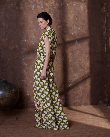 Pantalón palazzo verde estampado y bordado 4273-320 ( solo venta conjunto)