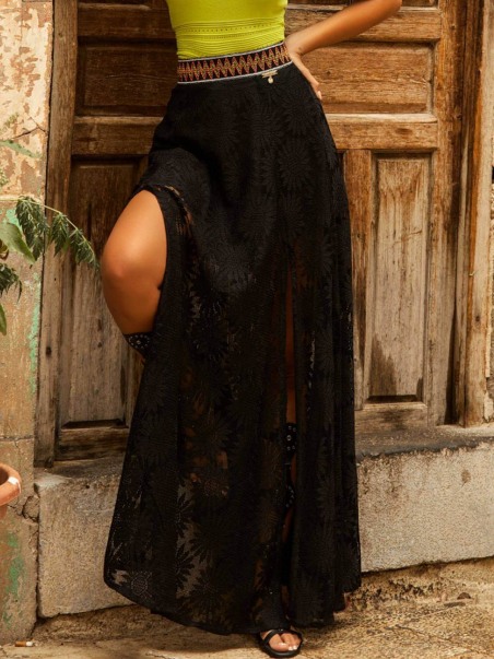 Falda de encaje negra Camaleonica larga con abertura lateral elegante