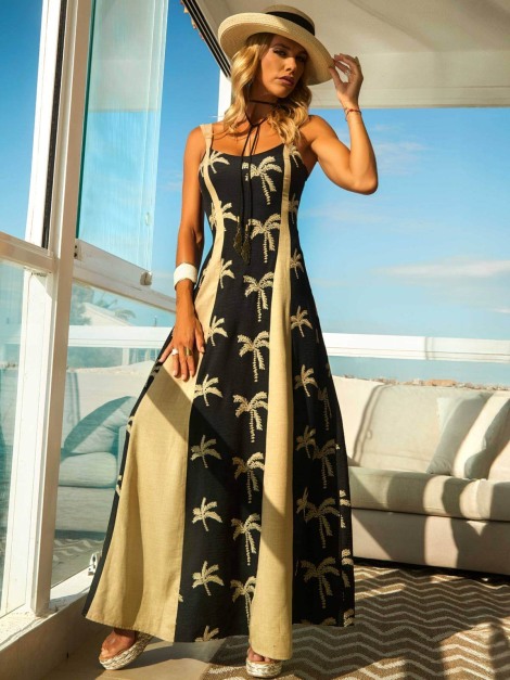 Vestido Paraíso Camaleónica largo negro con bordado de palmeras