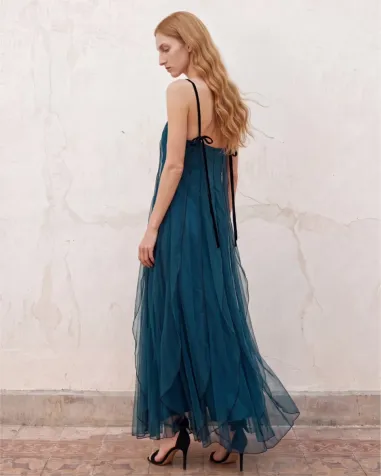 Vestido de tul azul 6491( solo venta con chal a juego)