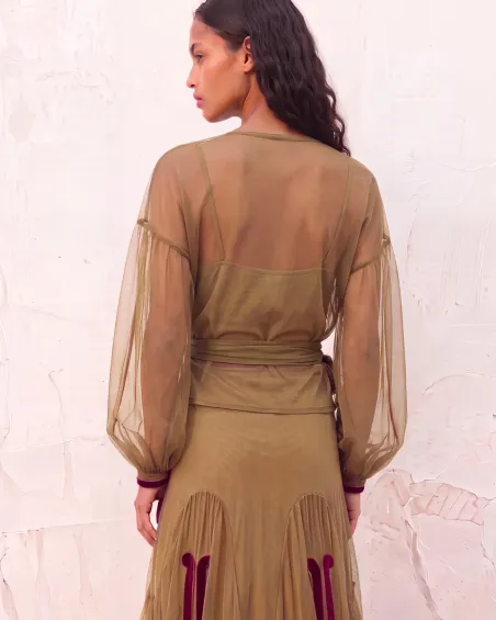 Blusa verde de tul bordado 6483 ( solo venta conjunto falda)