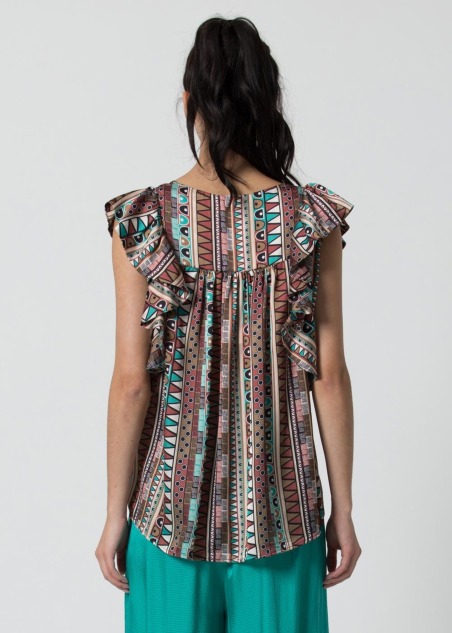 Blouse karen Sleeveless blouse with ruffles and retro print