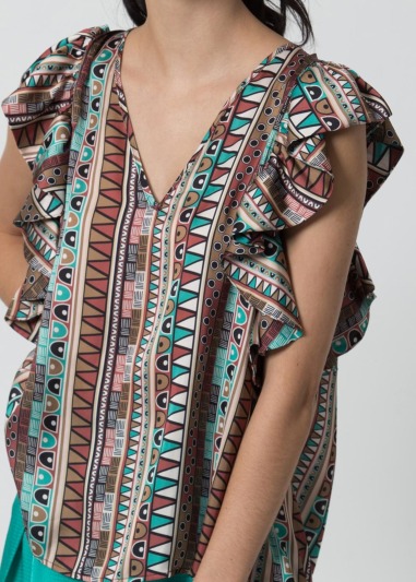 Blouse karen Sleeveless blouse with ruffles and retro print