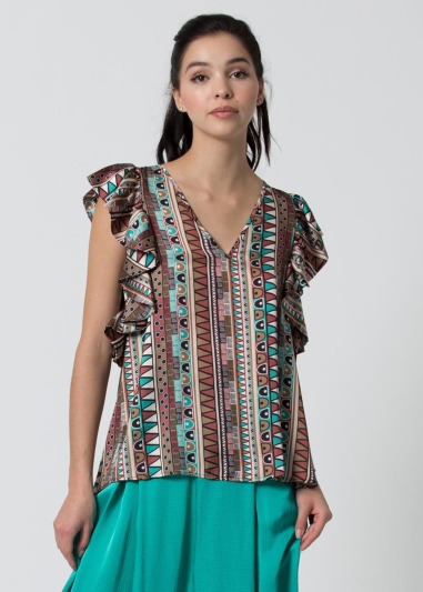 Blouse karen Sleeveless blouse with ruffles and retro print