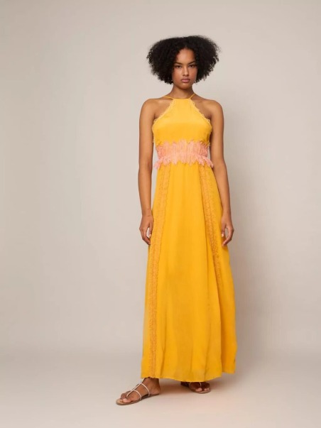 Vestido naranja de viscosa y encaje 6325-429 | IS COMING