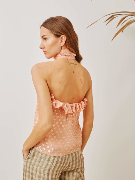 Top de fiesta rosa con lunares dorados 2